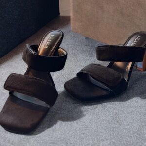 NWOT Women’s Faux Suede Square Open Toe Slip On Stiletto Heels Sandals